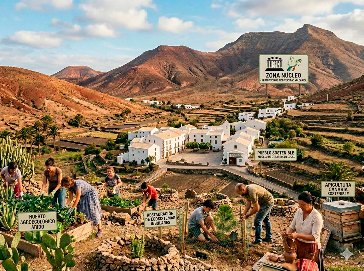 Infografía de Biosfera en Acción en Fuerteventura: agricultura en gavias, reforestación nativa y apicultura frente a un paisaje volcánico y un pueblo tradicional.
