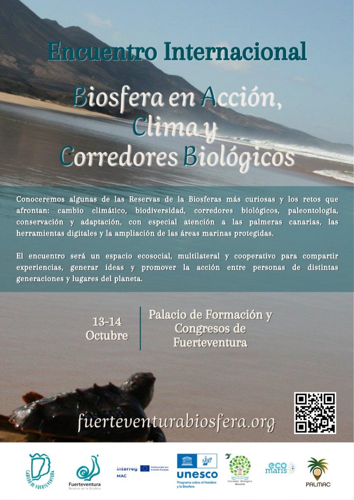 Cartel oficial del Encuentro Internacional Biosfera en Acción, Clima y Corredores Biológicos en Fuerteventura.
